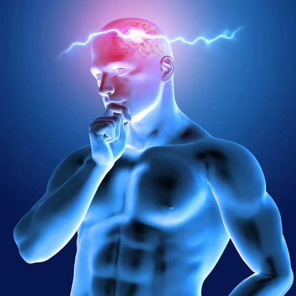 3d weergave van een menselijke figuur denken met hersenen gemarkeerd — Stockfoto