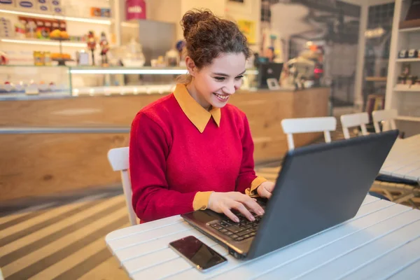 Bruna donna con computer portatile — Foto Stock