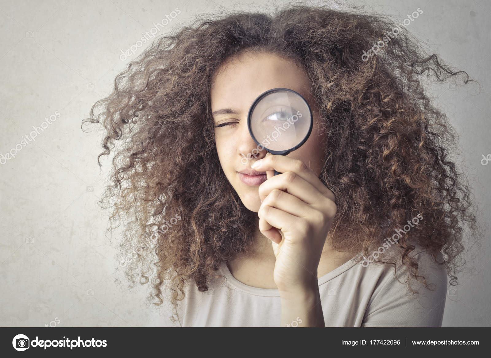 Girl Curly Hair Looking Magnifying Glass Stock Photo Olly18