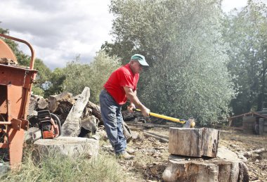 Kırsal kesimde bir balta ile iş yerinde çiftçi 