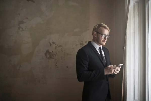 Elegant Businessman Writing Message His Phone — Stock Photo, Image