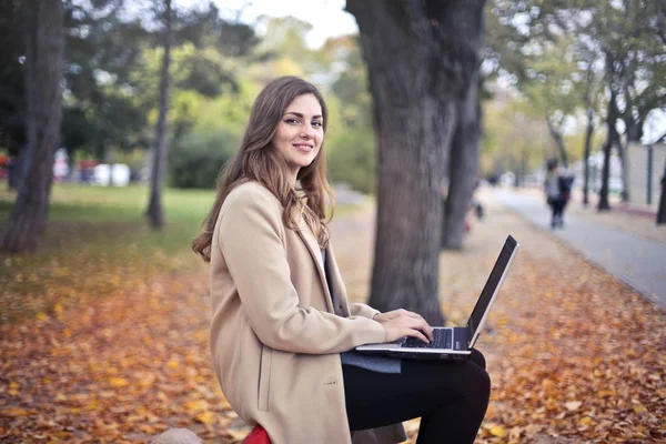Lány Segítségével Vele Laptop Egy Parkban — Stock Fotó