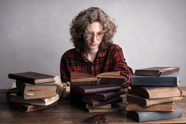 Caucasian Student Sitting Desk Lot Books — Stock Photo, Image