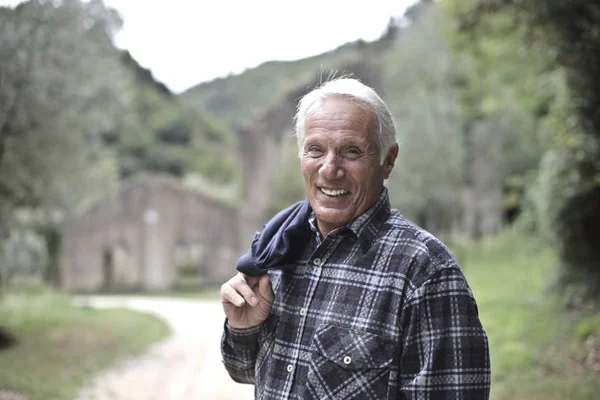 Portrait Aged Caucasian Man Plaid Shirt Mountain Area — Stock Photo, Image
