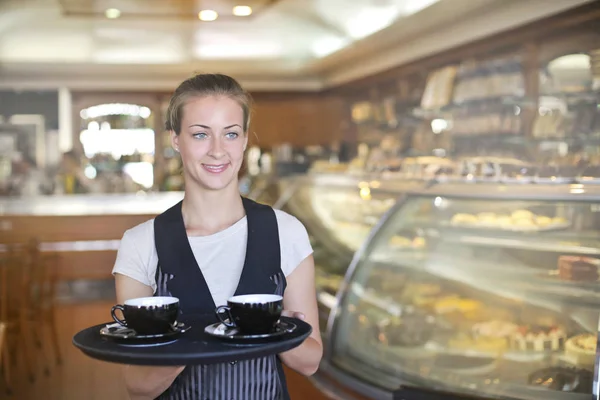 Young Waitress Coffee — Stock Photo, Image