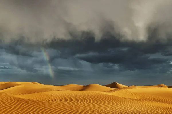 撒哈拉沙漠沙丘暴风雨，多云的天空与彩虹. — 图库照片