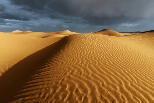 Dunas de arena del desierto del Sahara con cielo oscuro, nublado y lluvioso . —  Fotos de Stock