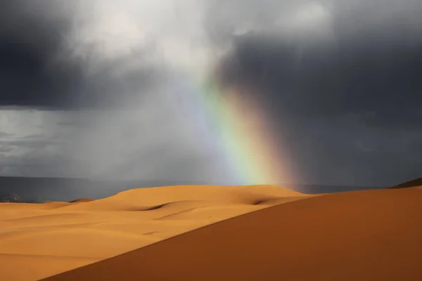 撒哈拉沙漠沙丘，彩虹映衬黑暗，多云，雨 — 图库照片