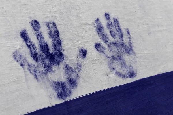 Blue Painted Hand Print White Wall Human Hand Palm Fingers — Stock Photo, Image