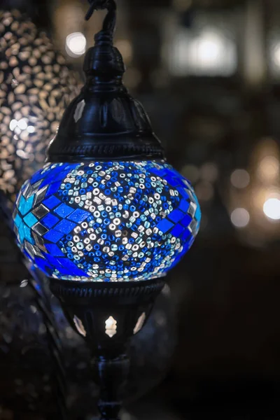 Lâmpada Marroquina Azul Colorido Com Design Mosaico Vidro Azul Estilo — Fotografia de Stock