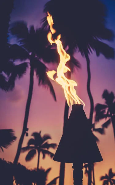 Hawaii Tiki Antorchas Durante Hermoso Atardecer Tropical —  Fotos de Stock