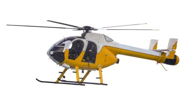 İzole edilmiş sarı arama ve kurtarma helikopteri beyaz bir arka planda
