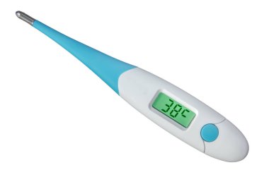 İzole edilmiş dijital akıllı termometre koronavirüs salgını sırasında 38 derece ateş gösteriyor.