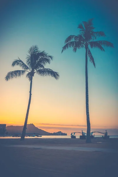 Retro Style Soluppgång Över Waikiki Beach Hawaii Med Palmer — Stockfoto