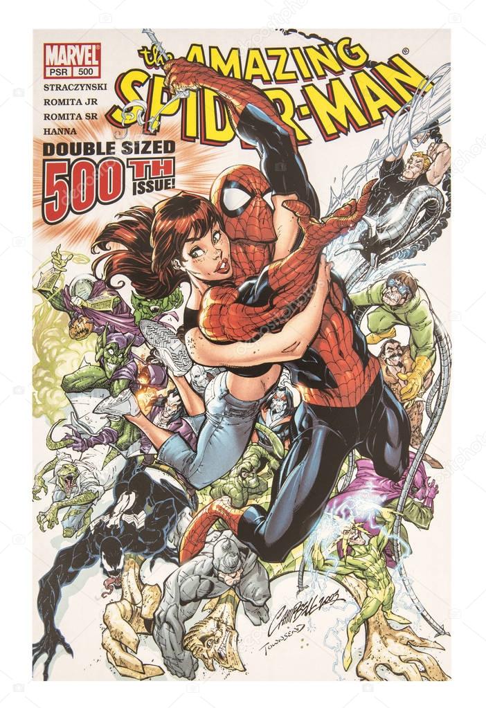 SWINDON, UK - DECEMBER 28, 2014:MARVEL Comics The Amazing Spider-Man on a White background