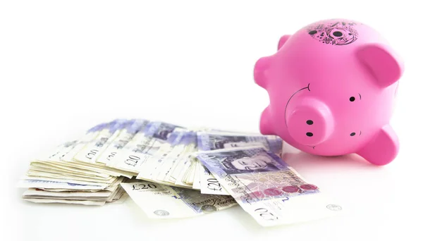 Pink Piggy Bank z stos banknotów — Zdjęcie stockowe