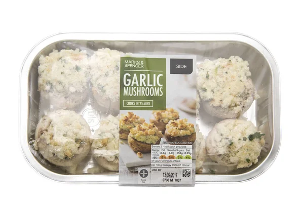 Marks and Spencer Garlic Mushrooms on a white background — Stock Photo, Image