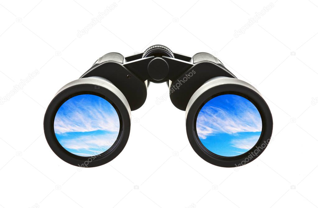 Pair of Binoculars with blue sky on a white background