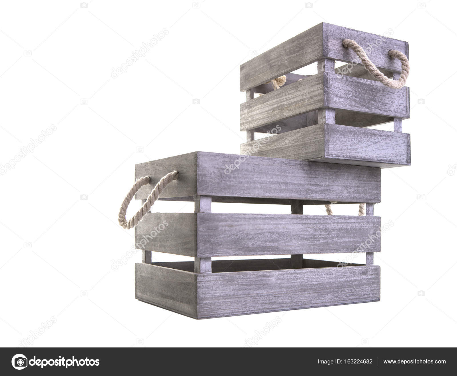 Two Wooden Crates With Rope Handles On A White Background Copy Two Wooden Crates With Rope Handles On A White Background Copy Space Stock