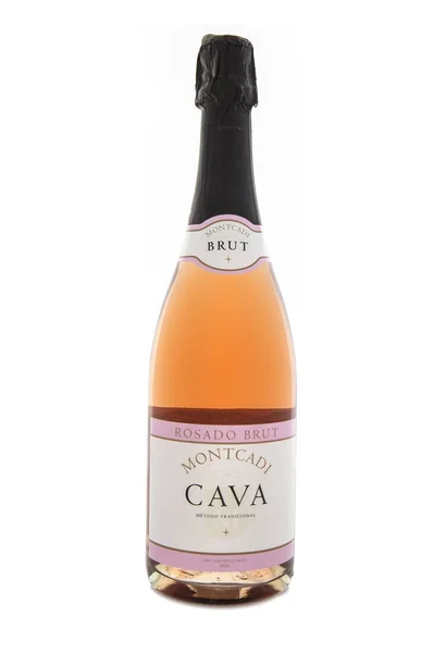 Botella de Montcadi Brut Cava sobre fondo blanco — Foto de Stock