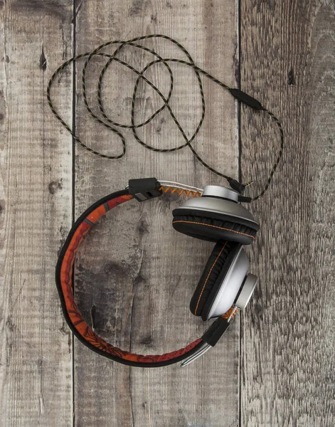 Pair Modern Black Orange Headphones Rustict Wooden Background — Stock Photo, Image