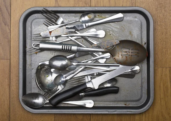 Tray Dirty Cutlery Wooden Background — Stock Photo, Image