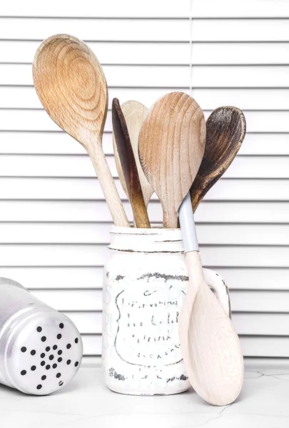 Collection Wooden Spoons Retro Container Kitchen Setting — Stock Photo, Image