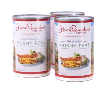 Swindon, İngiltere - 17 Mart 2018 üç teneke Harry Ramsdens Chip salonu tarzı duygusal bezelye