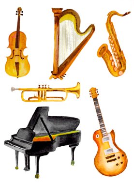 suluboya müzik aletleri seti el boyalı