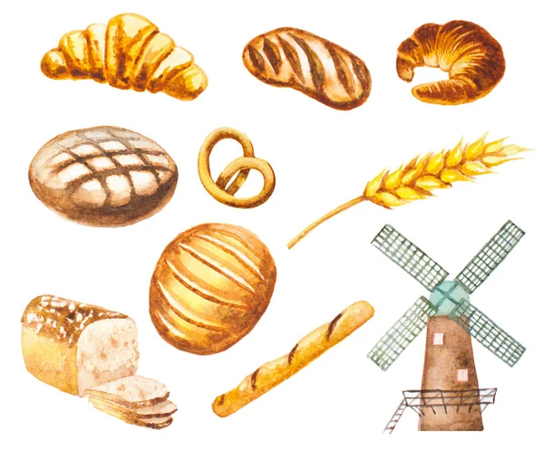 Handgeschilderde aquarel brood, molen, stokbrood, croissant — Stockfoto