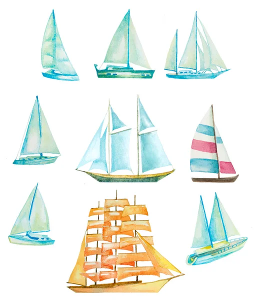 Set of watercolor sailing boats, yachts, ships on white — Stock Photo, Image