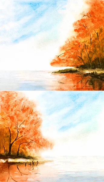 Aquarell Natur Hintergrund mit Orangenbäumen und See, Himmel, cl — Stockfoto