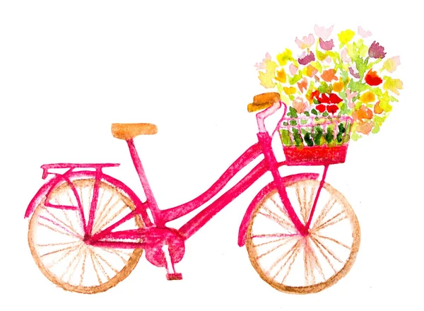 Akvarell hand målade cykel med blommor på vit — Stockfoto