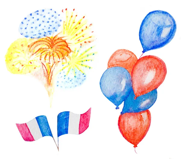 Ballons aquarelle et feux d'artifice, drapeaux français — Photo