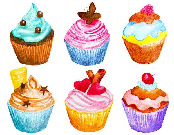 Conjunto de cupcakes aquarela pintados à mão — Fotografia de Stock