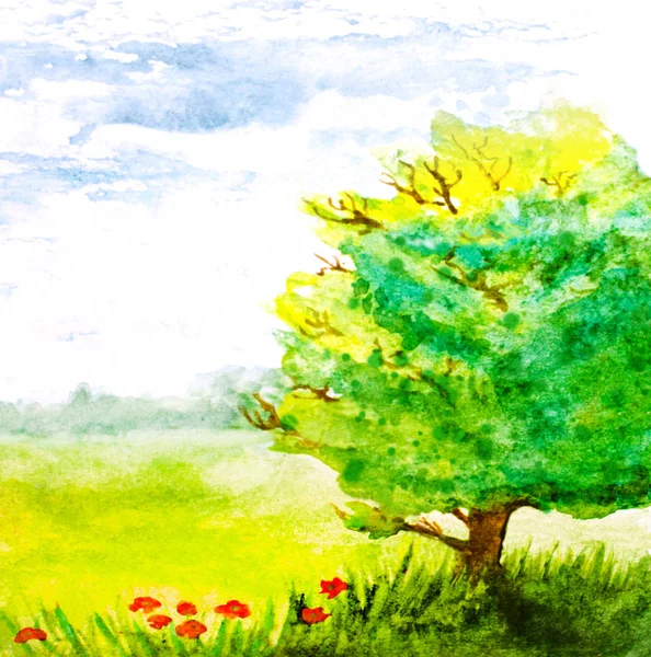 watercolor hand painted landscape with tree and flowers