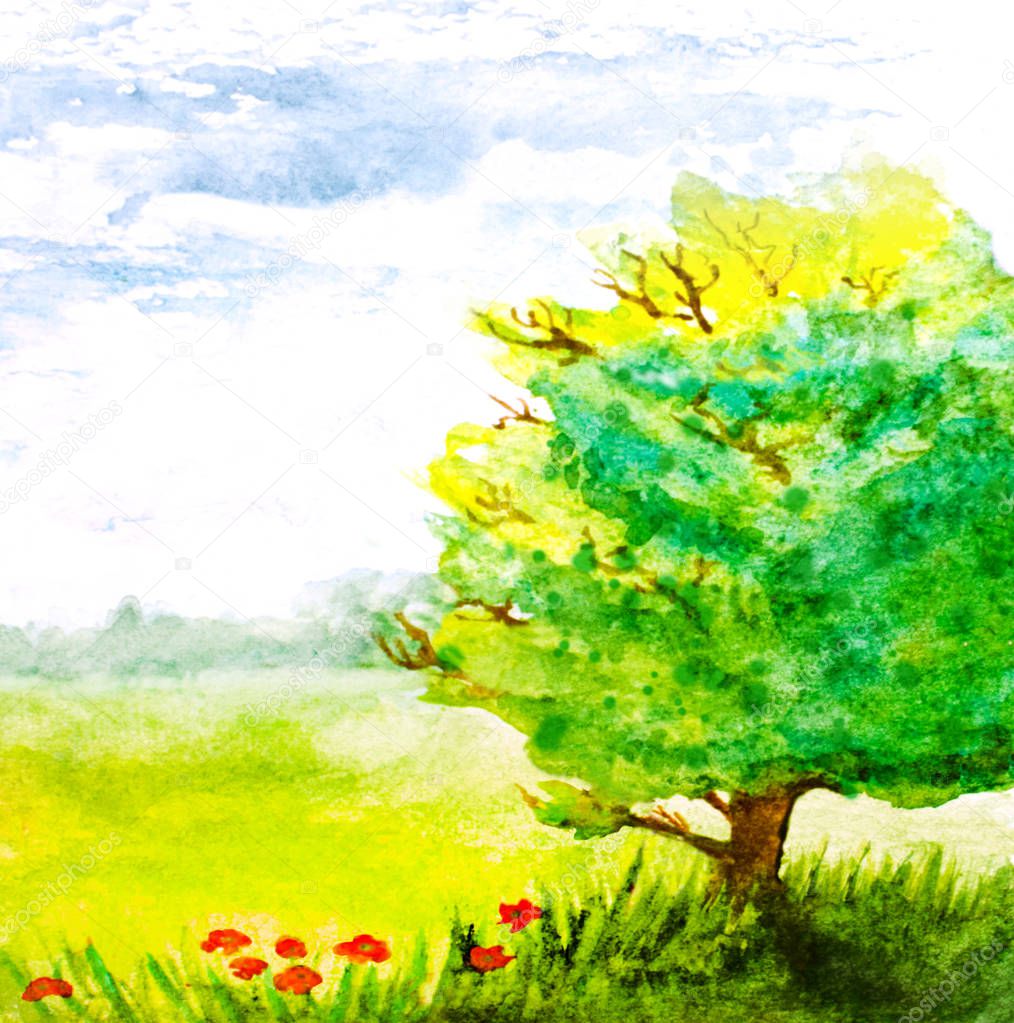 watercolor hand painted landscape with tree and flowers