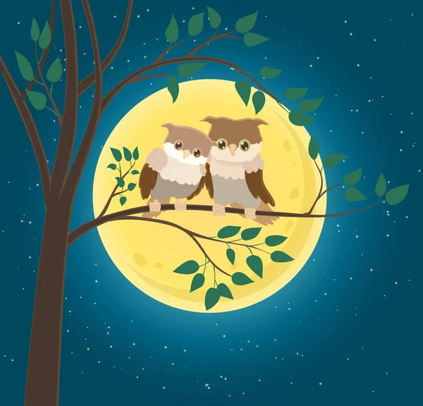 Personaggio dei cartoni animati coppia di gufi seduti su un ramoscello e luna gialla — Vettoriale Stock