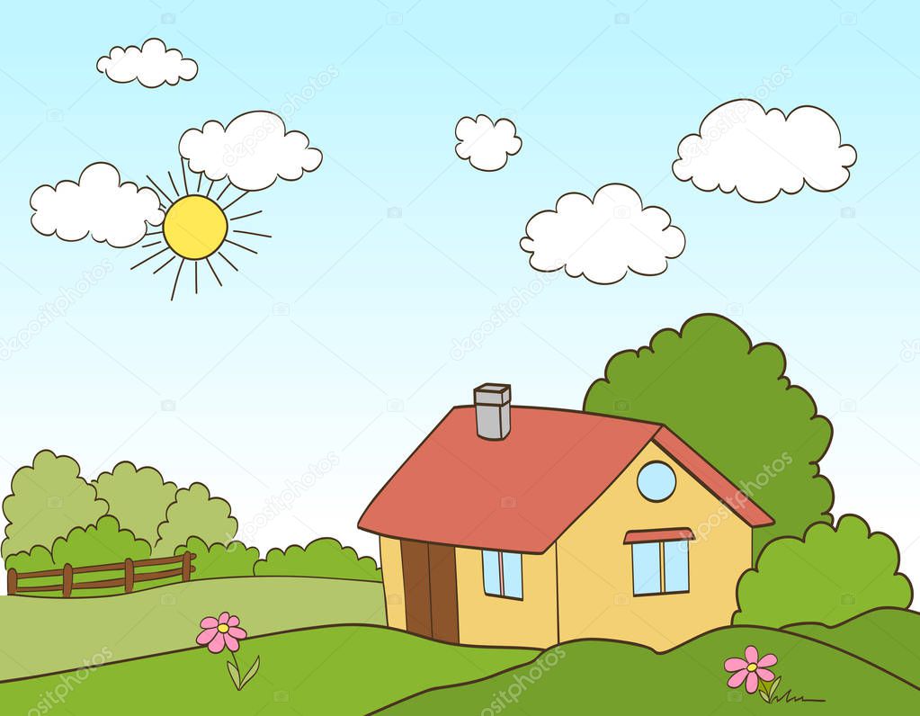 Cartoon house in countryside. vector
