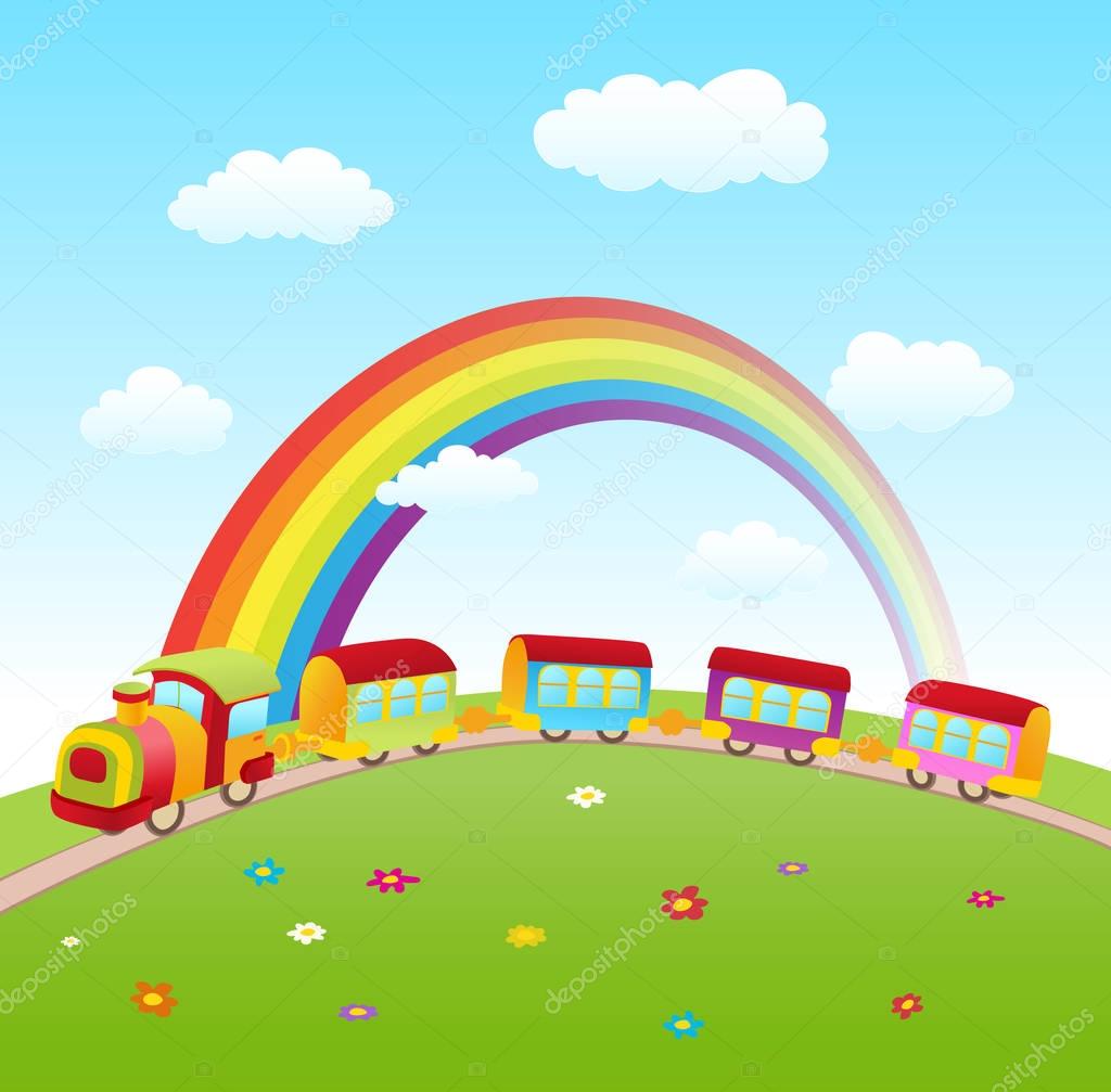 cartoon cute train on a hill with rainbow