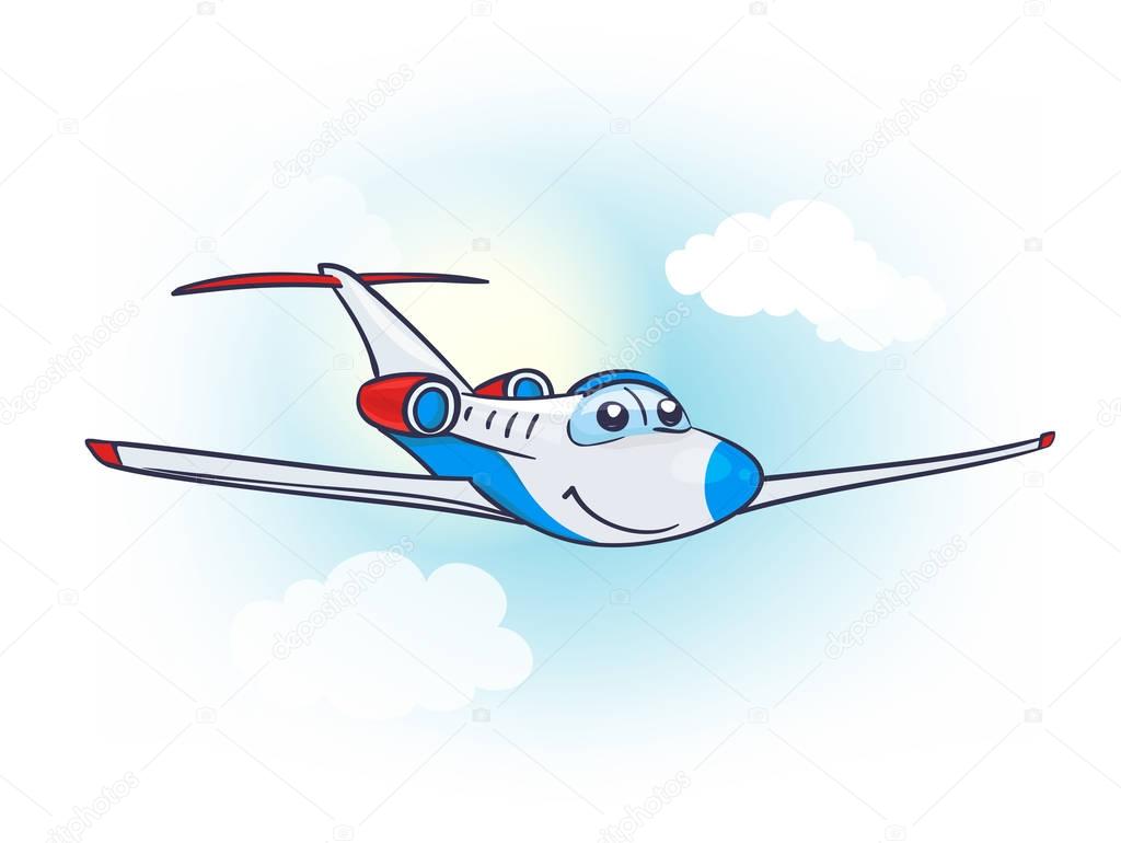 Cartoon little cute air plane with smiling face and eyes in the 