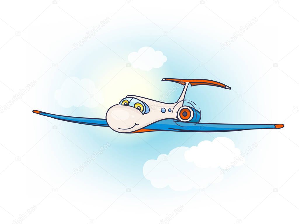 Cartoon air plane with smiling face and eyes in the sky with sun