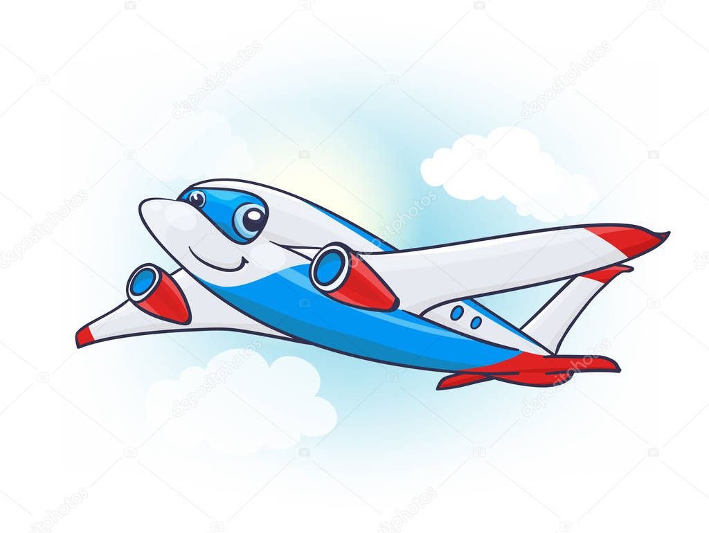 Cute Cartoon Plane Character in the Sky. vector