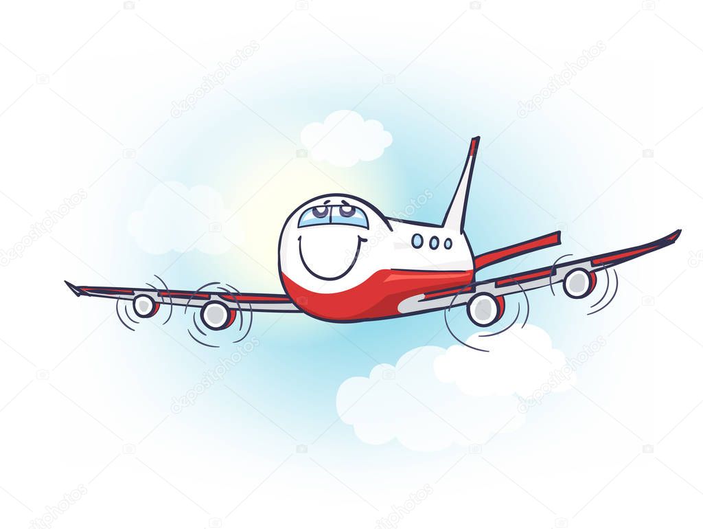 Cartoon air plane with smiling face and eyes in the sky with sun