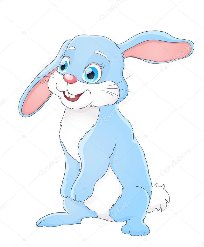Cute little cartoon rabbit standing and smiling on white. Vector