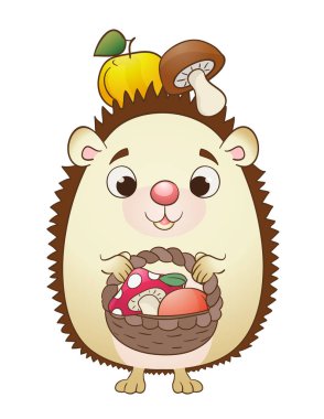 Sevimli çizgi kirpi sepeti, elma ve mantar ile.