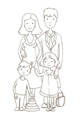 Sevimli çizgi mutlu aile beyaz. Boyama sayfası sürümü vektör