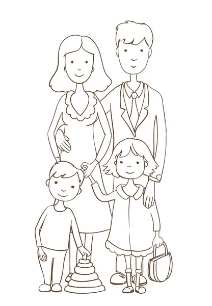 Cute cartoon happy family on white. Coloring page version vector — Stock Vector