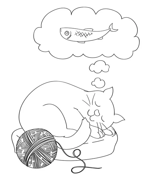 Cute cartoon cat dreaming of a fish as food. Coloring page versi — Stock Vector