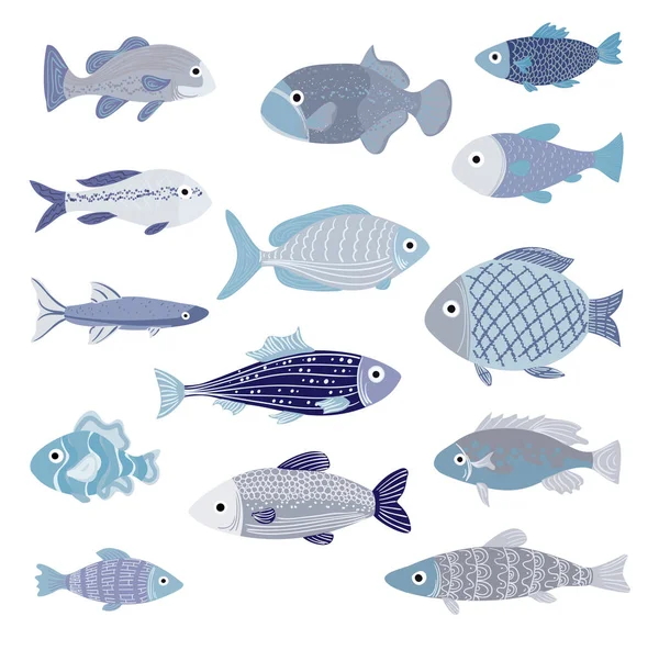 Vector Set of Cartoon Blue Fishes — стоковый вектор